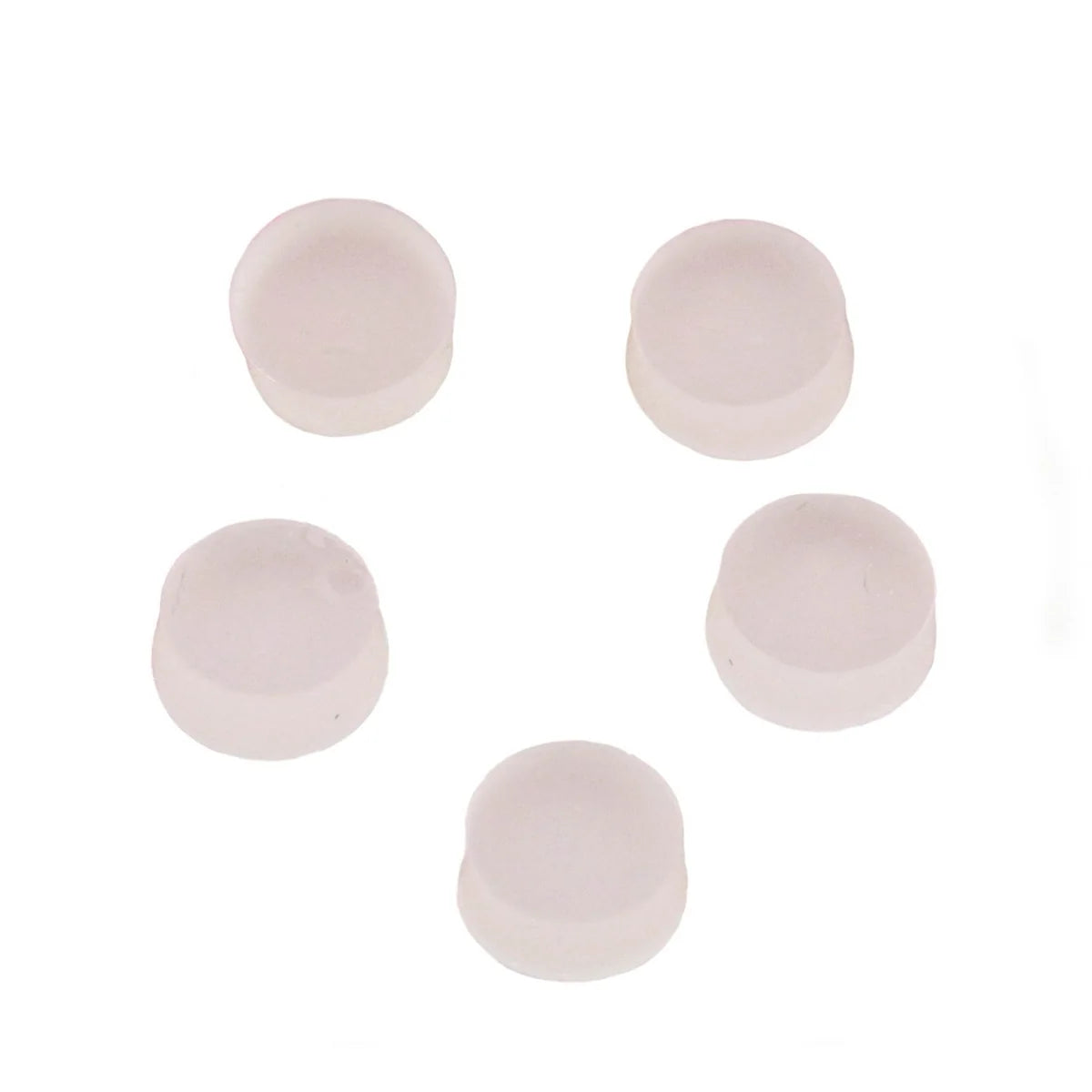 Five white, circular Jupiter Open-Hole Flute Plugs—crafted from rubber and ideal as removable flute stoppers—are arranged in a circle on a plain white background. Designed as the perfect flute accessory, these plugs fit Jupiter open-hole flutes seamlessly.