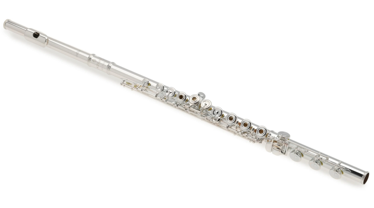 An Azumi AZ2 Open Hole Flute with a sterling silver headjoint and offset G is displayed diagonally from the top left to the bottom right on a white background. The instrument’s keys and embouchure hole are clearly visible.