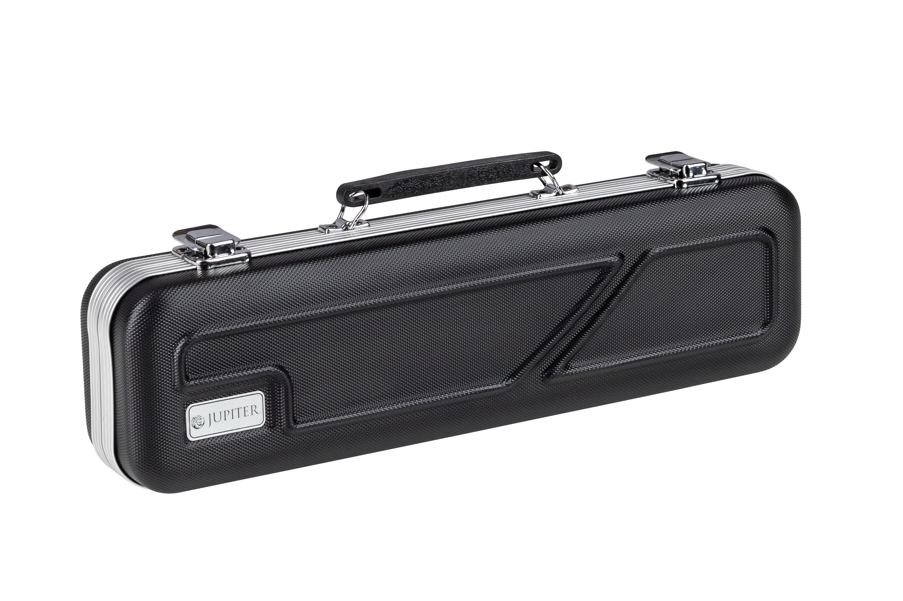 A black rectangular hard case with a handle and silver latches, featuring a Jupiter label on the corner, designed to securely hold your Jupiter JFL700A Concert Flute – Plateau (Closed Hole)—perfect for transporting your beginner flute safely and in style.