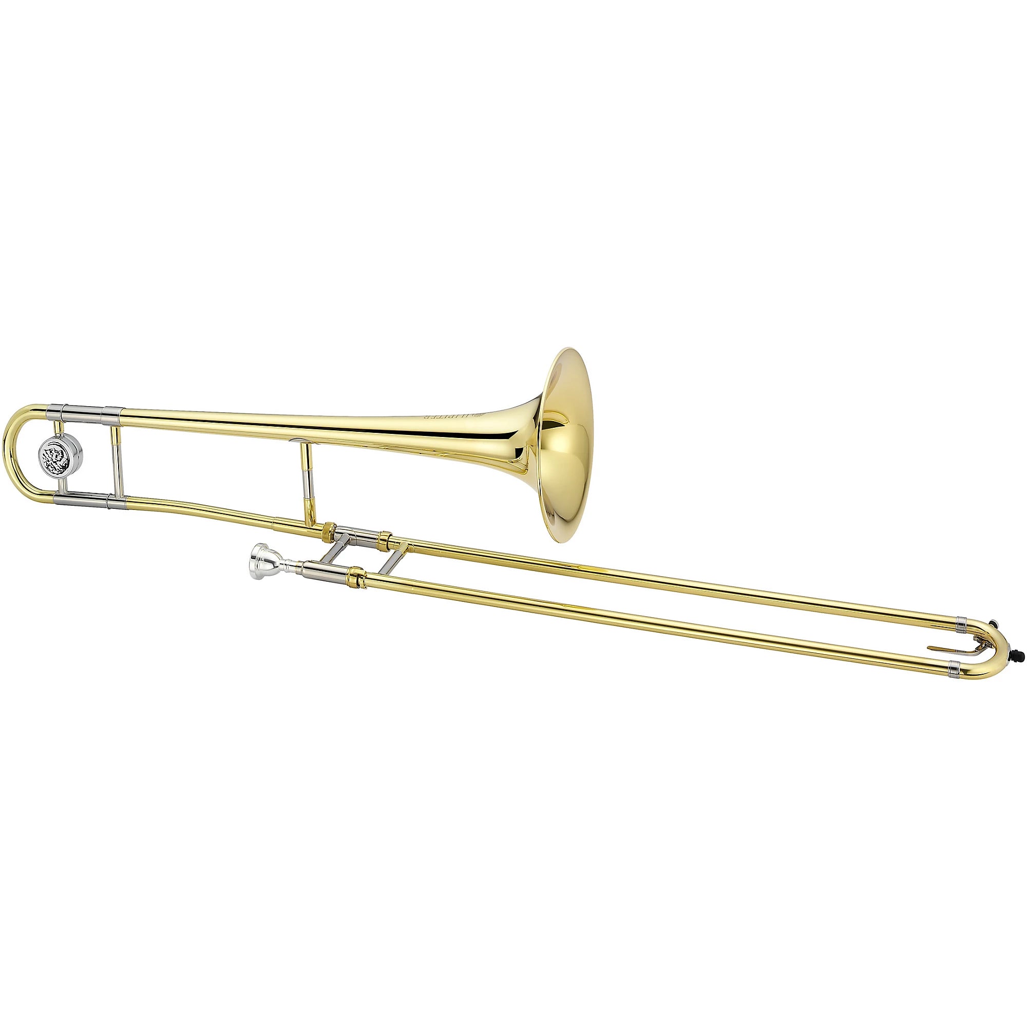 The Jupiter JTB730A Student Tenor Trombone – Lacquered Brass is displayed on a white background, featuring a long slide, silver mouthpiece, and flared bell.