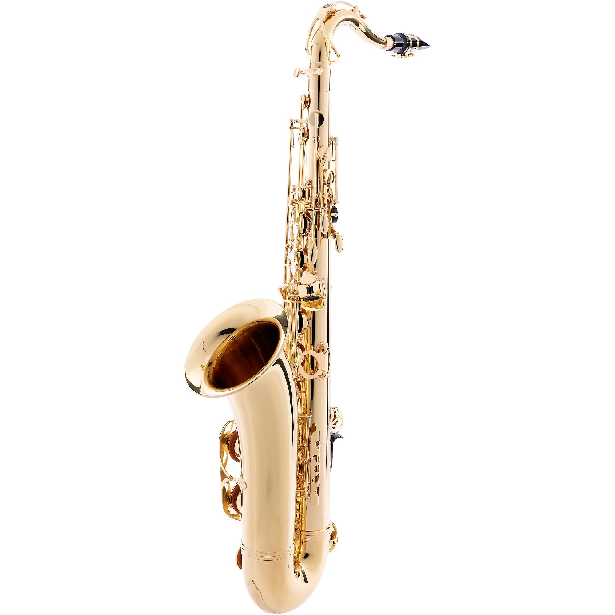 The Jupiter JTS700A Student Bb Tenor Saxophone stands upright on a white background, displaying its shiny gold finish, curved bell, detailed keys, and black mouthpiece.