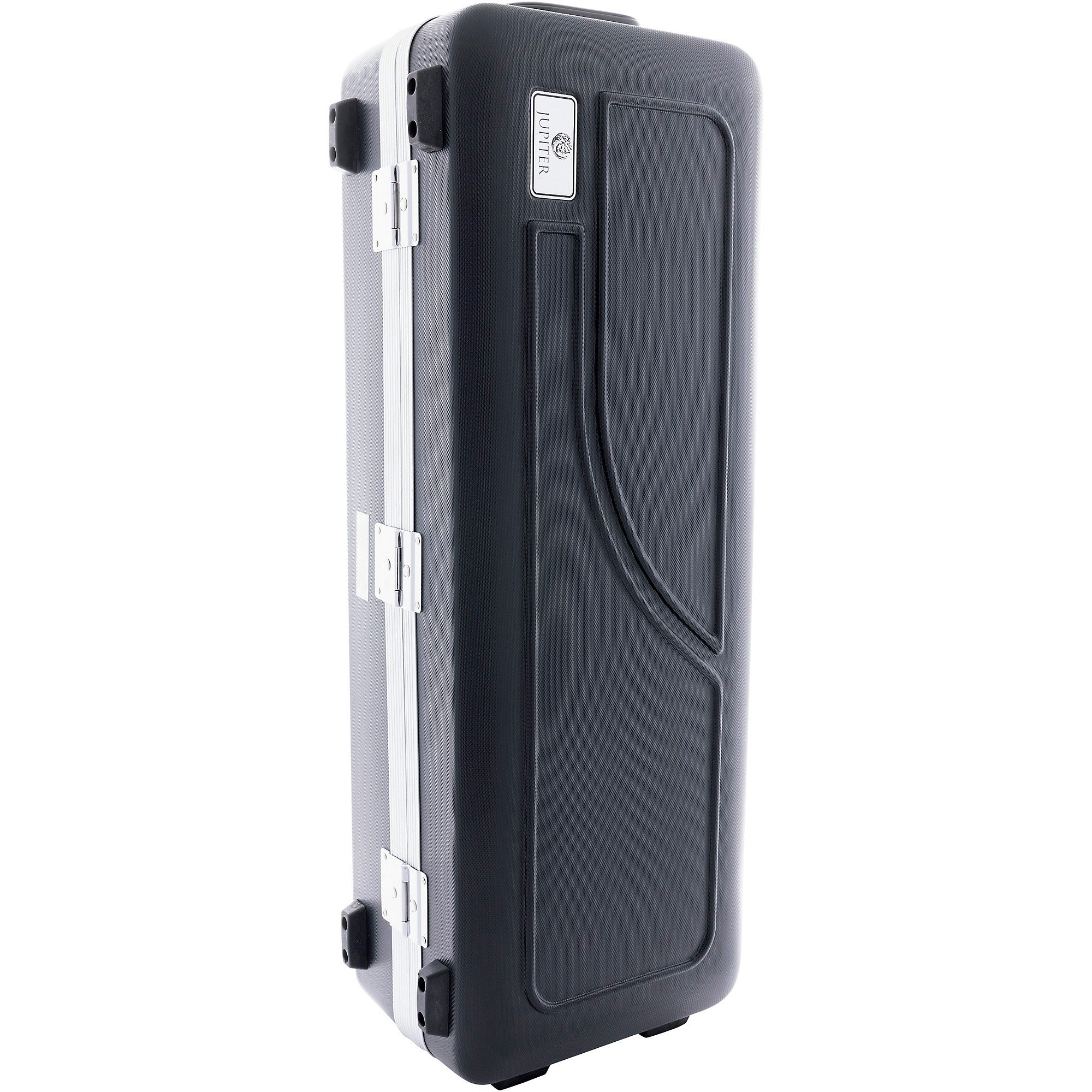 A hard-shell, rectangular black case for the Jupiter JTS700A Student Bb Tenor Saxophone, featuring silver latches, a handle, textured surface, small metal logo plate near the top corner, and stands upright on its short end.
