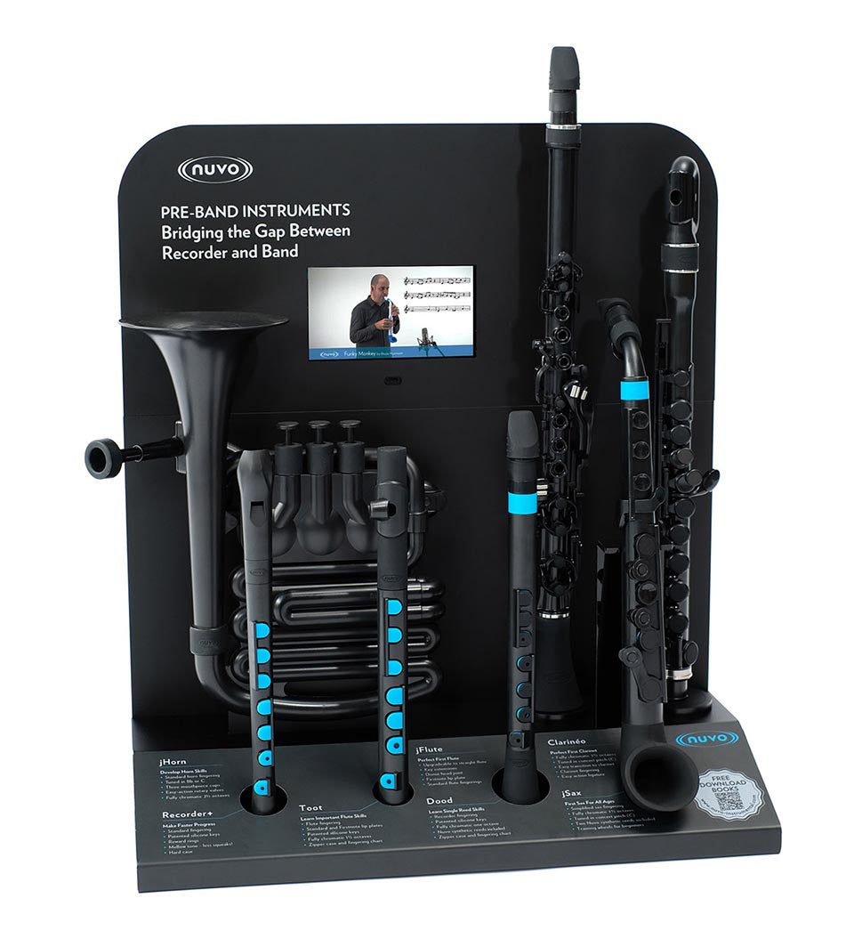 The NUVO Full-Line Desktop Display with Video – Black Instruments | Retail showcases clarinet, flute, and trumpet-style instruments in black with blue accents, upright with labels and an interactive video demo unit above.
