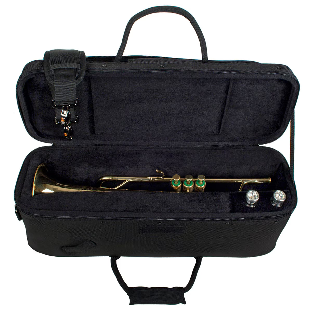 A brass trumpet rests in a black, velvet-lined Protec PB301SCL PRO PAC Classic Slimline Trumpet Case with a shoulder strap, two mouthpieces, and a carrying handle.