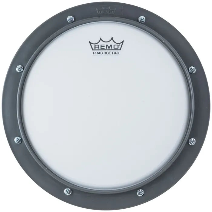 The Remo 8″ Practice Pad is a round, tunable drum pad with a white playing surface and a black rim, ideal for improving your drumming technique. This model (Remo RT-0008-00) features the Remo logo printed at the top center of the pad.