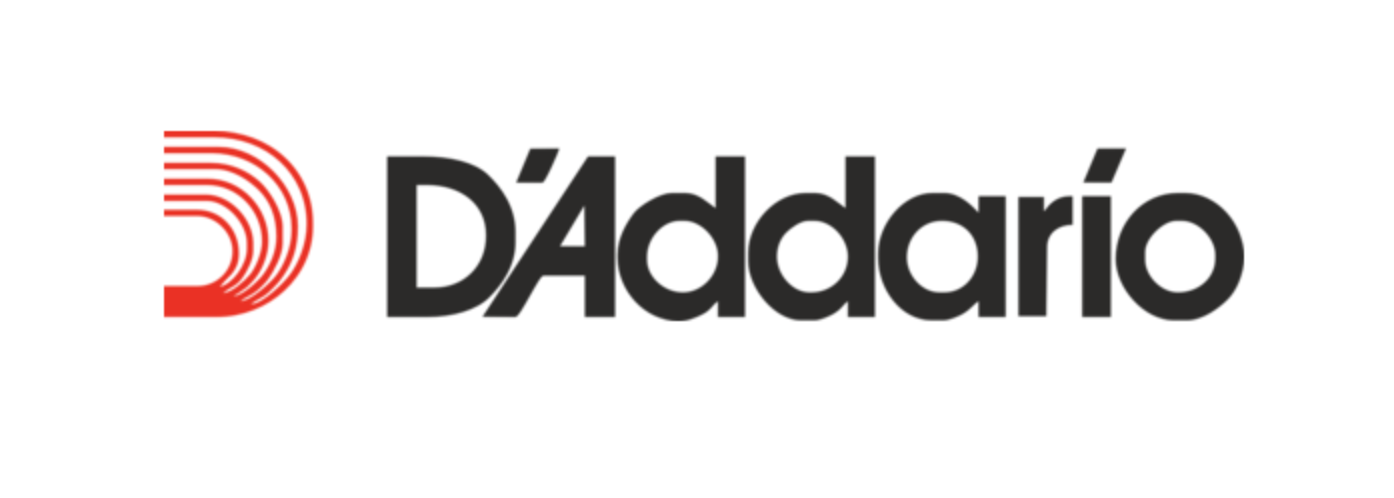 The DAddario logo features a stylized red letter D made of curved lines next to the brand name DAddario in bold black letters on a white background.