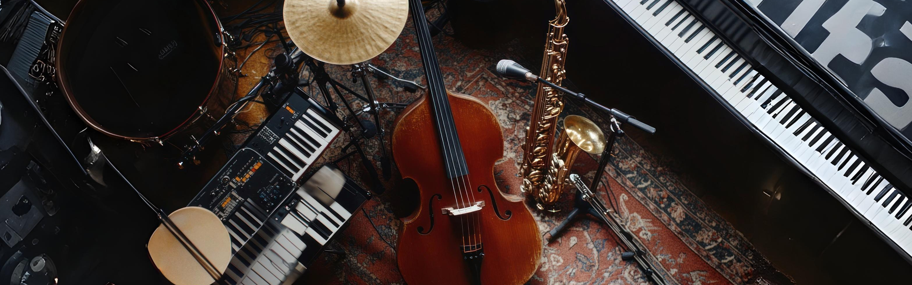 Musical instruments including a cello, saxophone, keyboard, drum set, cymbal, and piano are arranged on a patterned rug, viewed from above. Microphones and cables are also visible.