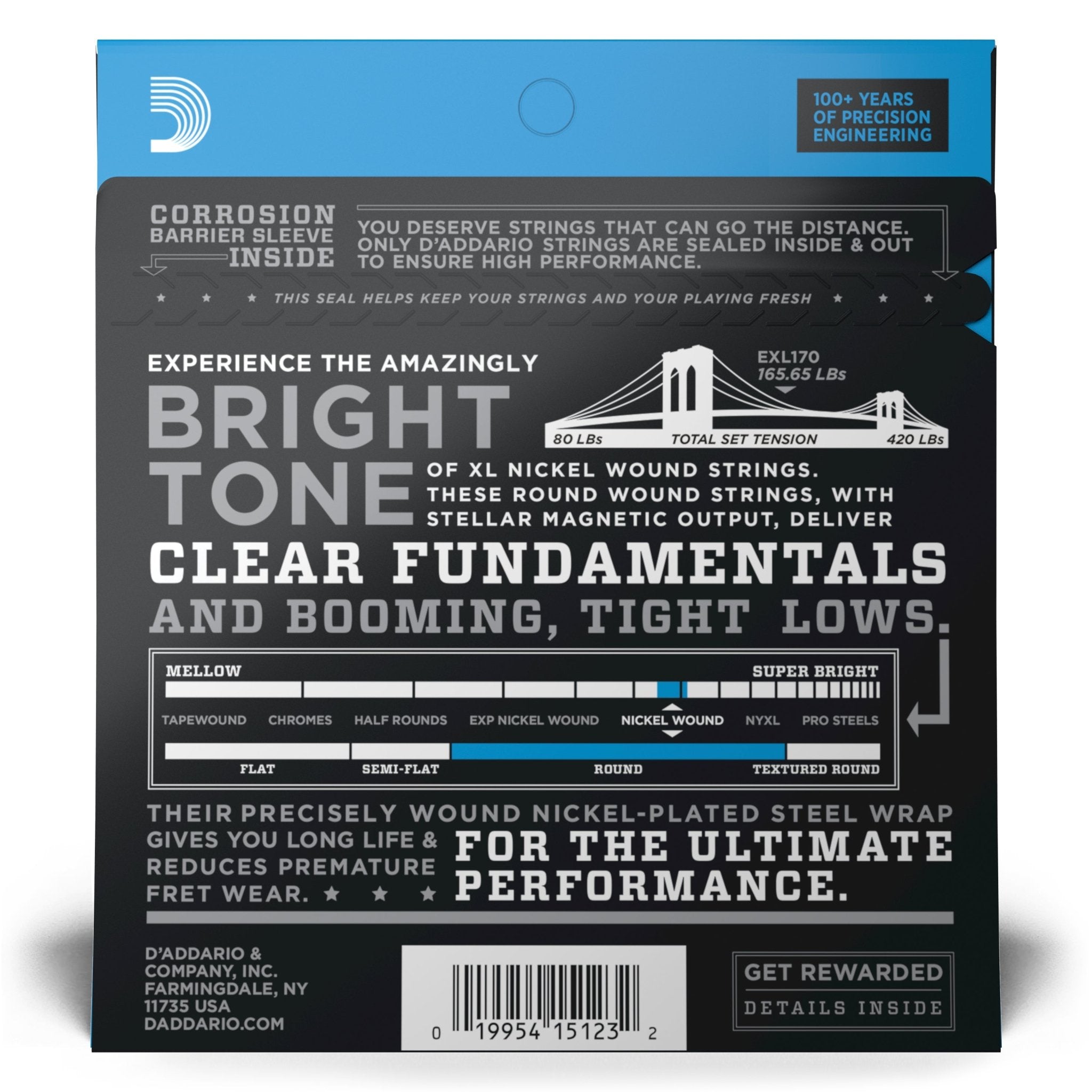 D'Addario EXL170 Nickel Wound Bass Guitar Strings - .045-.100 Regular Light - AAA Band Instrument Rentals