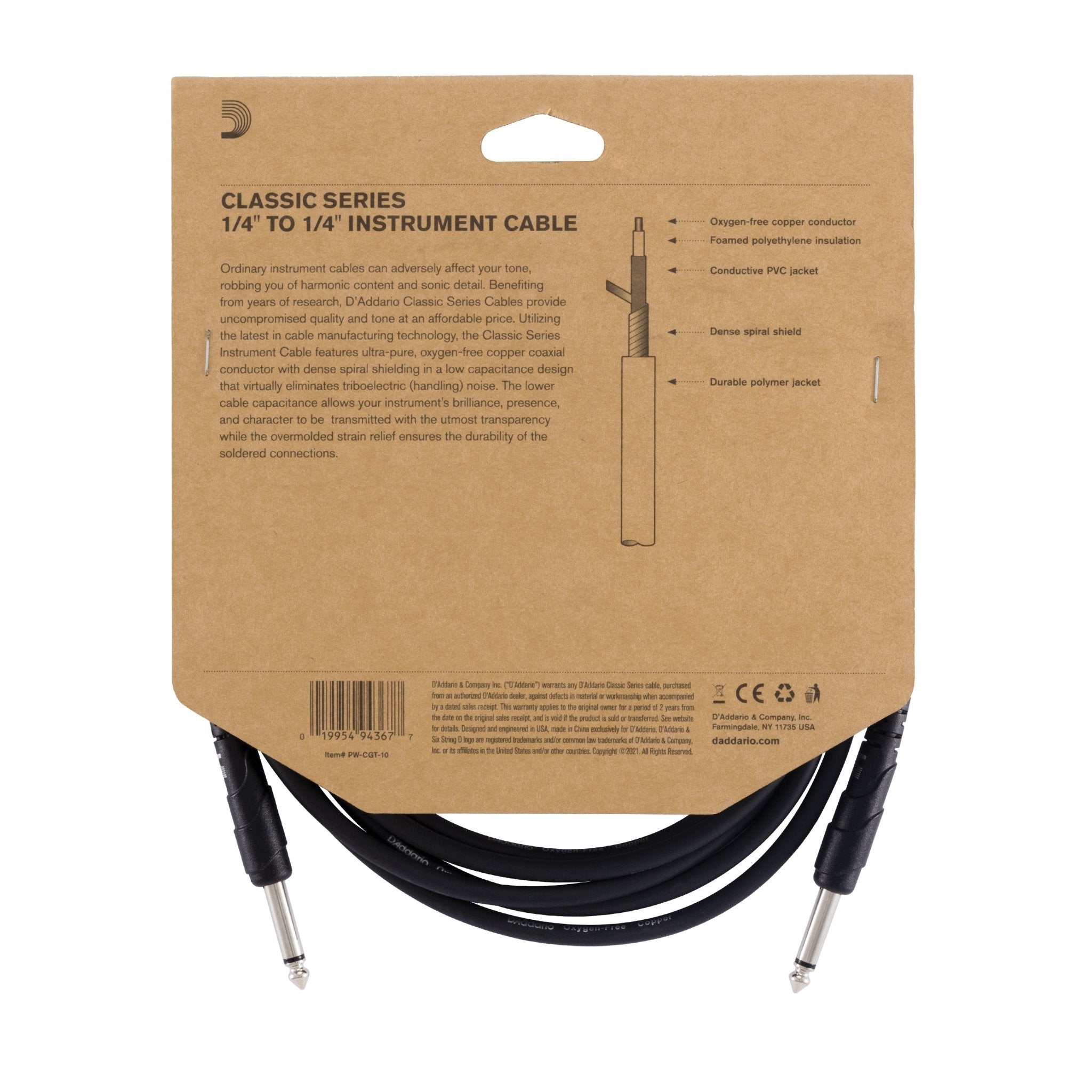 D'Addario PW-CGT-20 Classic Series Straight to Straight Instrument Cable - AAA Band Instrument Rentals