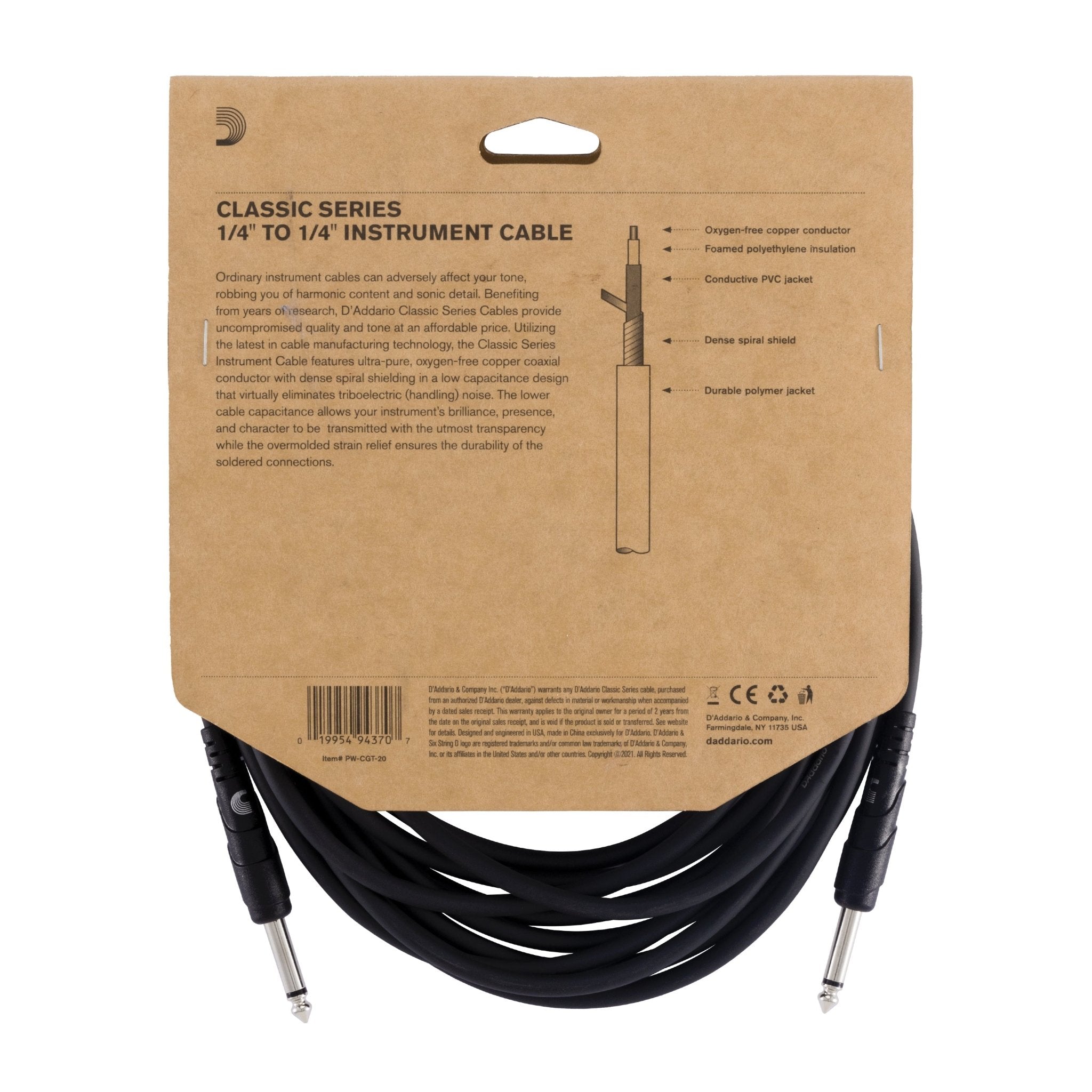 D'Addario PW-CGT-20 Classic Series Straight to Straight Instrument Cable - AAA Band Instrument Rentals