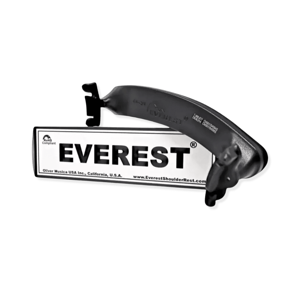 A black Everest Shoulder Rest for violin is shown on a white background, with its product name printed on a label below it. Designed for players of all levels, this Everest Shoulder Rest provides both comfort and support.