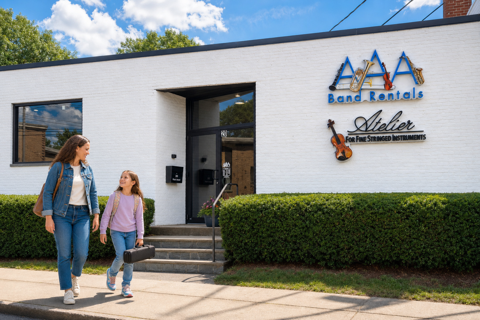 A woman and a girl carrying an instrument case walk outside a white building with a sign reading AAA Band Rentals Atelier for Fine Stringed Instruments. Green bushes line the building and the sky is partly cloudy.