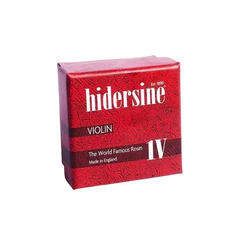 A red box of Hidersine Violin Rosin, labeled "The World Famous Rosin, Made in England." This high-quality violin rosin provides excellent bow grip and a clear tone. The box showcases a textured design with crisp white lettering.
