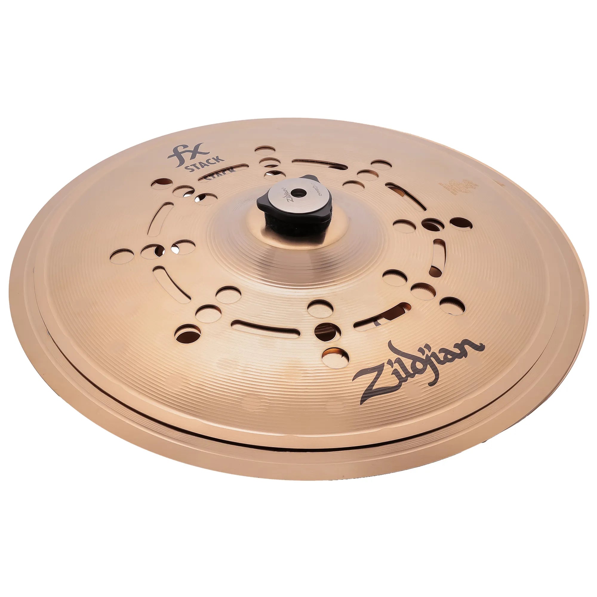 The Zildjian FXSTK12 FX Stacks 12″ Cymbal Pair, designed with multiple circular cutouts, is shown mounted on a stand featuring a black tension knob and photographed at a slight angle against a white background. This FX cymbal pair offers drummers unique sound options for expanding their effects cymbals collection.