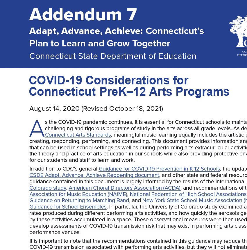Addendum 7 CT State Dept of Education COVID19 Considerations for Connecticut PreK-12 Arts Programs - AAA Band Instrument Rentals