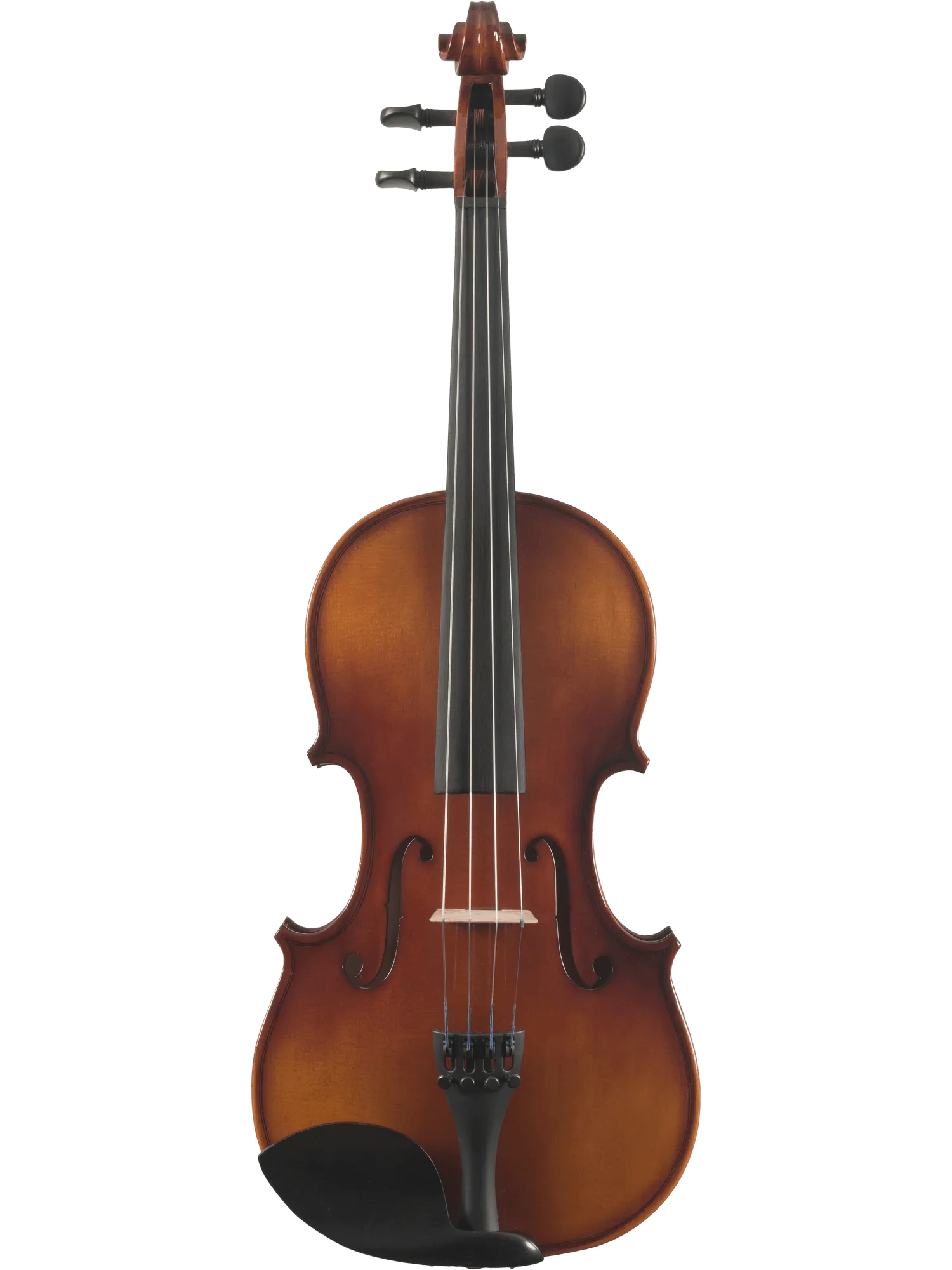 A full view of a classical brown wooden violin with four strings, black pegs, fingerboard, and a chin rest, shown against a plain white background.