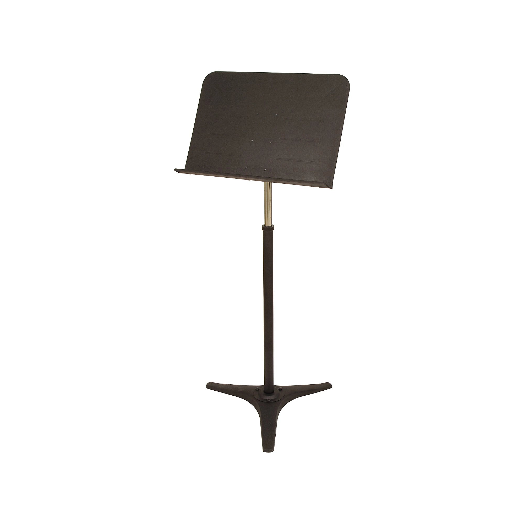 The Hamilton KB-1E Music Stand is a black metal stand with adjustable height and a sturdy tripod base, featuring a convenient folding design for easy storage and transport. Designed for holding sheet music, the stand is shown isolated on a white background.