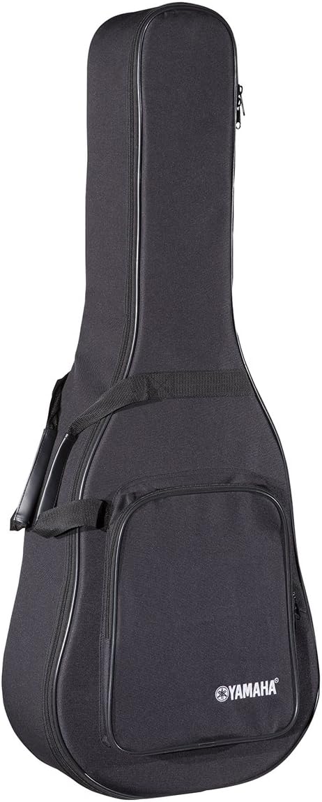 A Yamaha Classical Guitar Soft Case in black, featuring a zippered pocket, handle, and shoulder strap, stands upright against a white background.