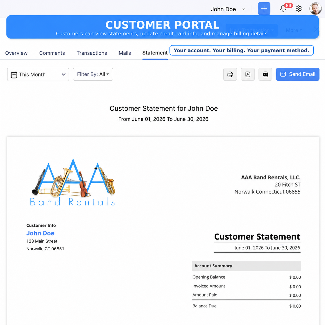 A customer portal page shows a statement for John Doe from AAA Band Rentals, dated June 2026. There is a logo with instruments and a summary of account balance, payment, and company contact info.