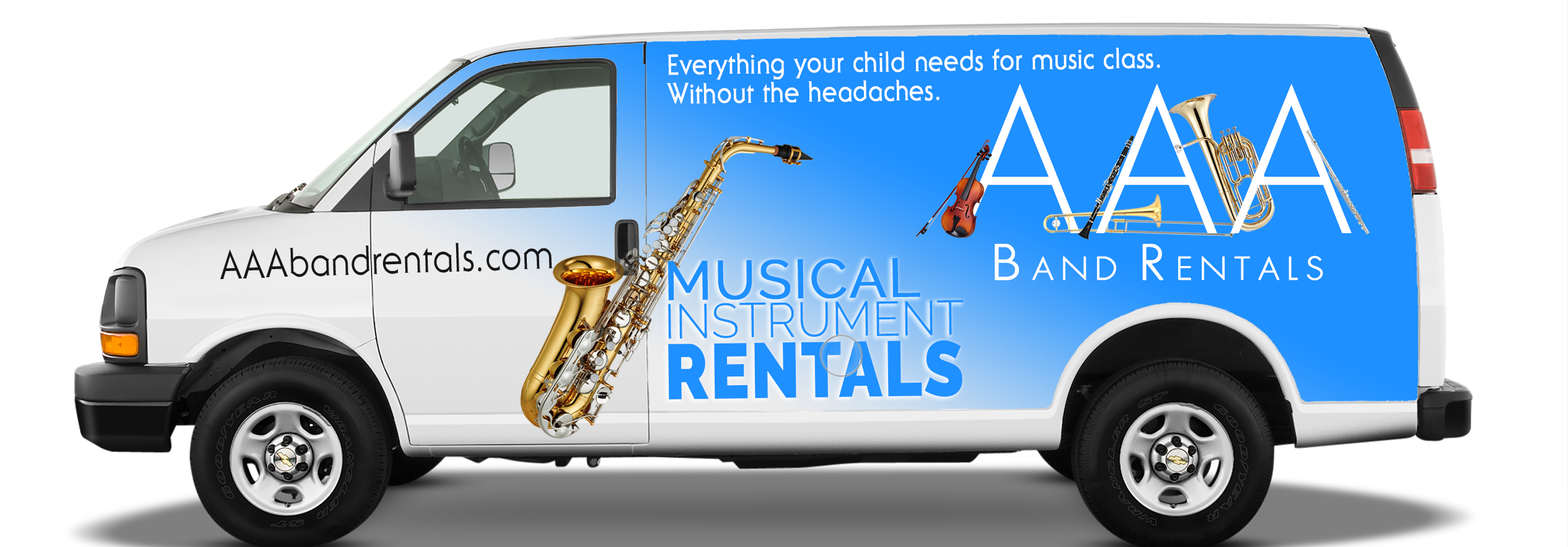 Van with AAA Band Rentals branding and musical instrument graphics on a white background
