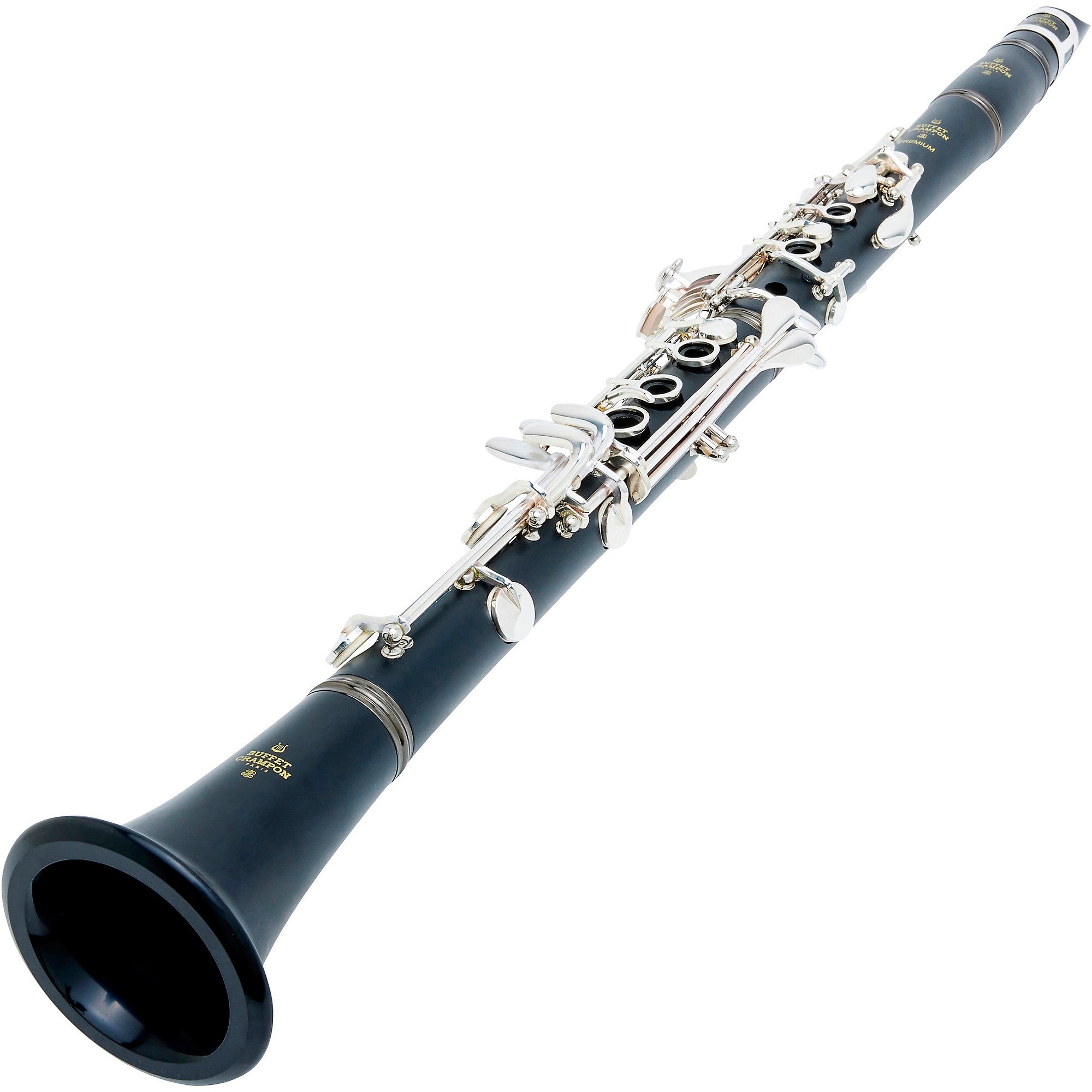 A Buffet Crampon E11 Bb Clarinet – Grenadilla Wood is shown on a white background, viewed from the bell end to display its sleek black body and silver keywork. The clarified image highlights the fine craftsmanship and smooth contours that exemplify this premium wooden student clarinet.