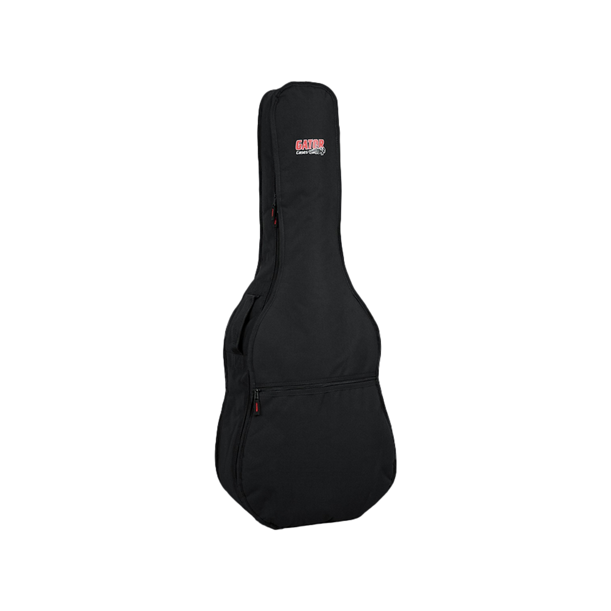 A black soft guitar case with a zipper and a red and white Gator logo near the top, pictured against a plain white background.