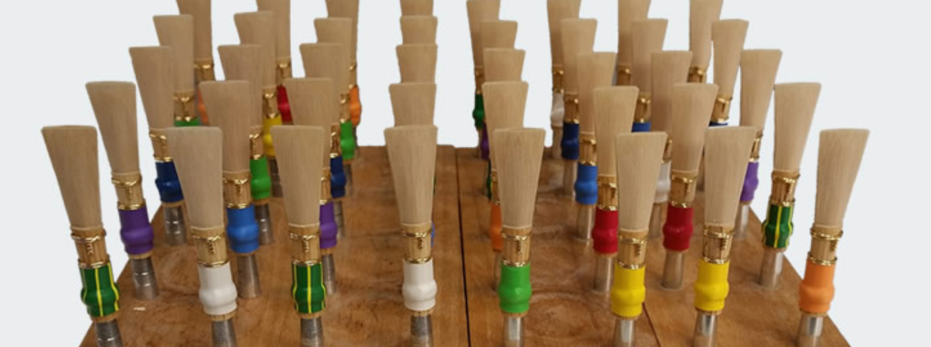 Singin' Dog Bassoon Reeds—reliable, handmade woodwind reeds with various colored bases—are neatly arranged upright in rows on a wooden stand.