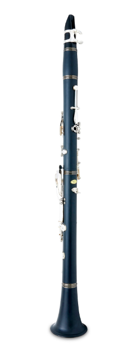 A Buffet Crampon E11 Bb Clarinet – Grenadilla Wood, featuring silver keys and rings, is standing upright against a plain white background.