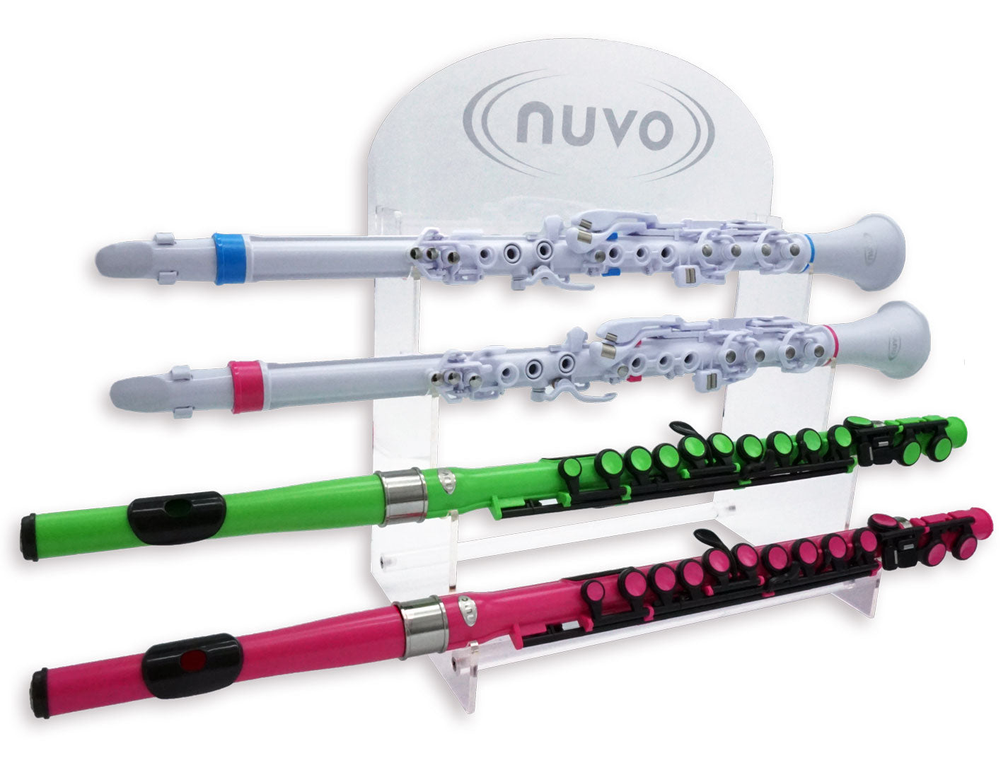 The NUVO Acrylic Desktop Display – 4 Flute/Clarinéo (Horizontal) showcases colorful flutes with contrasting keys on a modern acrylic stand featuring nuvo branding, making it ideal for retail and perfect for attracting customers to NUVO products.
