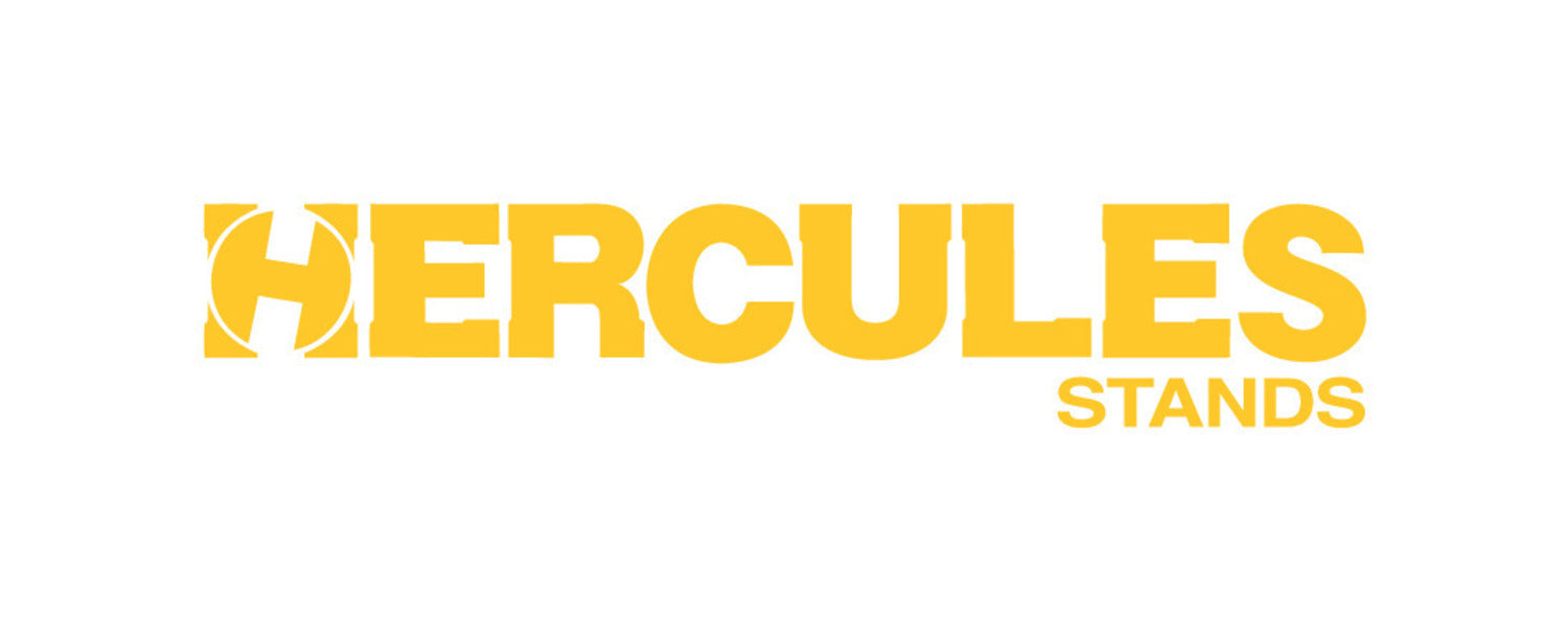 The image shows the HERCULES STANDS logo in bold yellow letters on a white background. The H in HERCULES is stylized with a curved design.