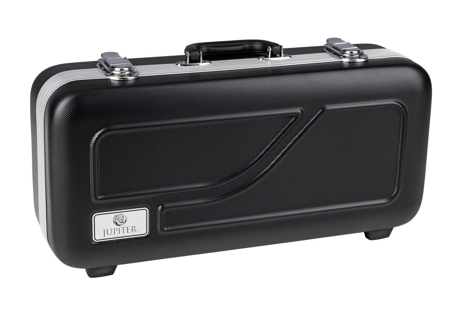 A black hard-shell case with a handle and metal latches, featuring a curved design and the Jupiter logo on the bottom left corner—perfect for safely transporting your Jupiter JTR700SA Student Bb Trumpet – Silver-Plated.