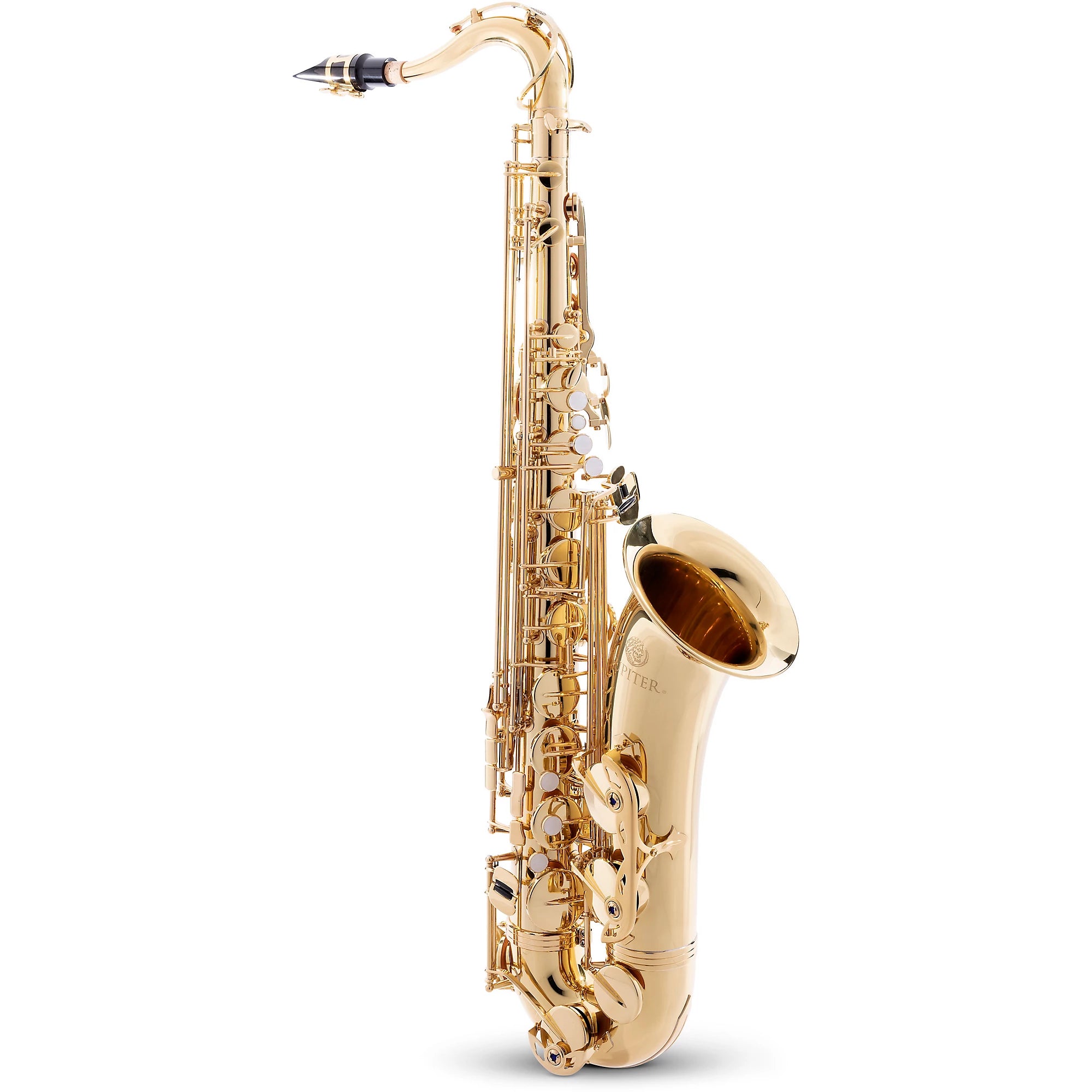 The Jupiter JTS700A Student Bb Tenor Saxophone stands upright on a white background, its gold finish and black mouthpiece highlighting the elegant design, detailed keys, and curved bell—perfect for advancing students seeking quality craftsmanship.