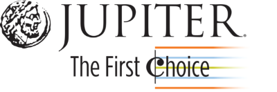 Logo with a round, abstract design on the left, the word JUPITER in large letters, and the slogan The First Choice beneath, with colorful horizontal lines extending right from the letter c.