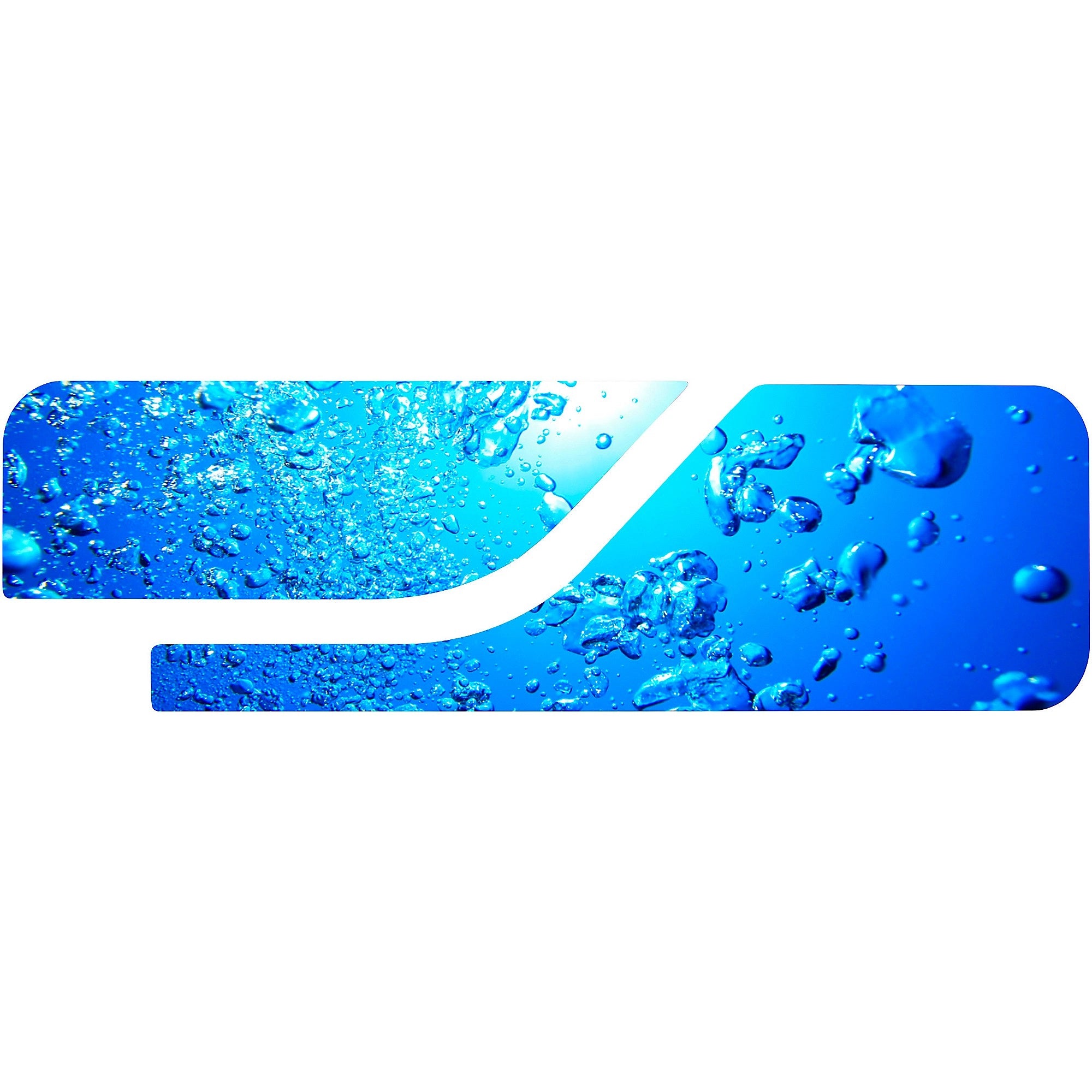 Introducing the “Jupiter Change It Up! Instrument Case Decal”—featuring an abstract blue graphic with water bubbles, divided by a sleek white curved line for a modern, clean look on a bright white background. Perfect for music students seeking a personalized touch for their instrument cases or accessories.