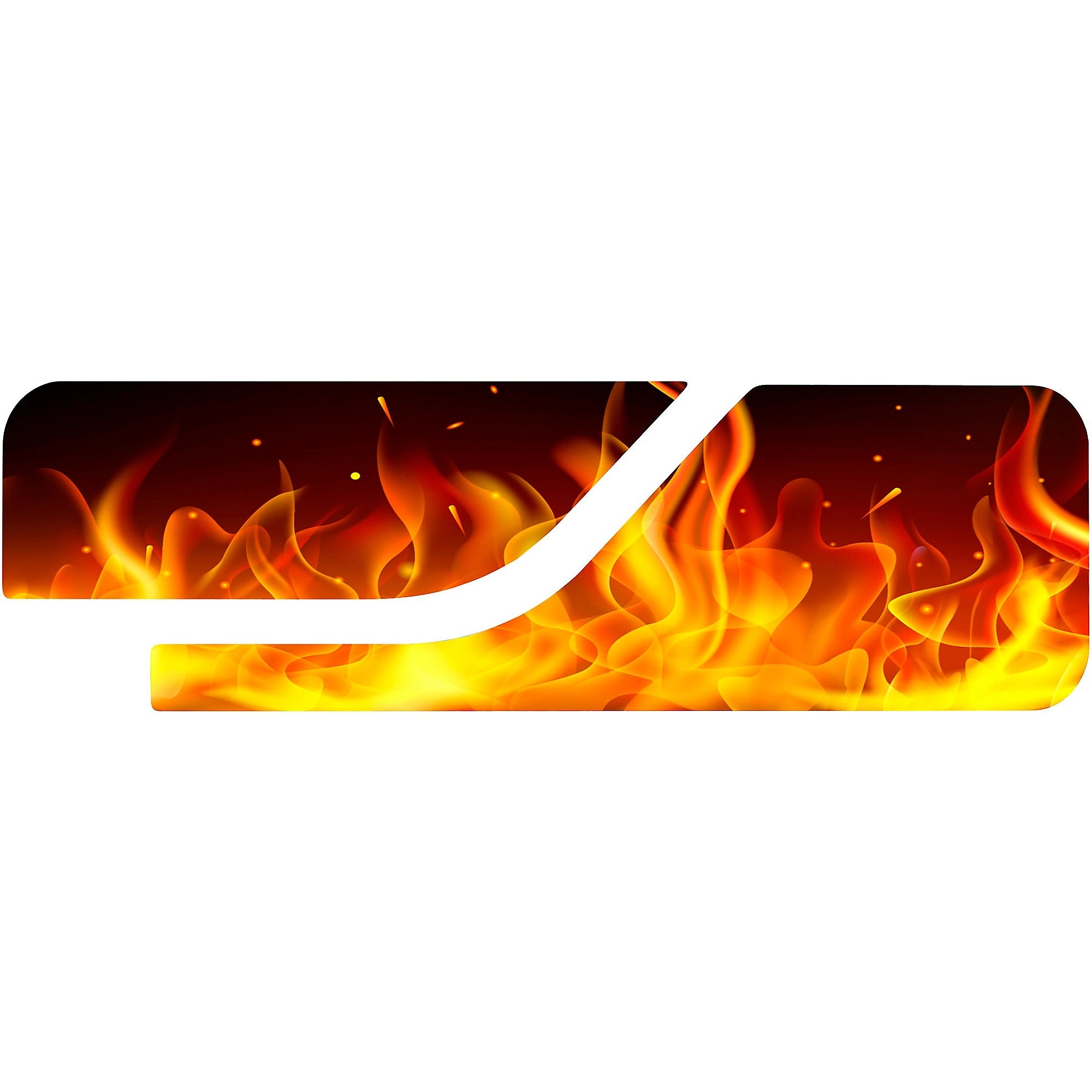 The Jupiter Change It Up! Instrument Case Decal features a graphic of orange and yellow flames inside a white, rounded rectangular shape with a curved cutout, set against a white background—an eye-catching addition to any music student’s accessory collection.