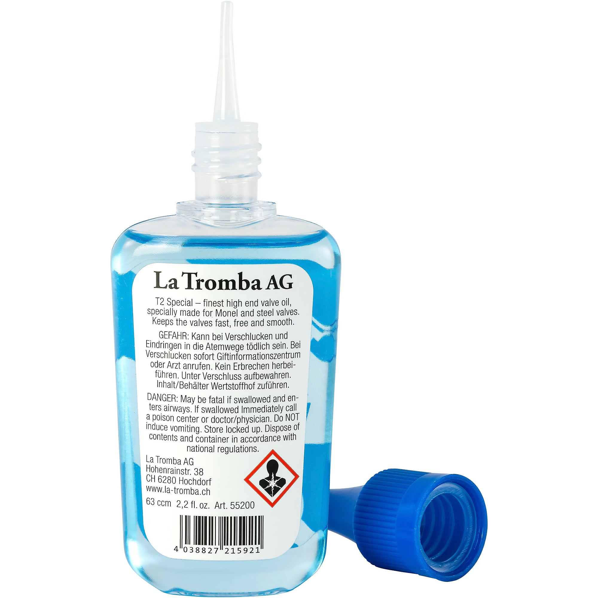 A clear plastic bottle of La Tromba T2 Valve Oil – Professional Fast-Action Brass Valve Lubricant with blue liquid inside, a long nozzle tip, and a blue screw cap. The label displays text and a warning symbol on the front.