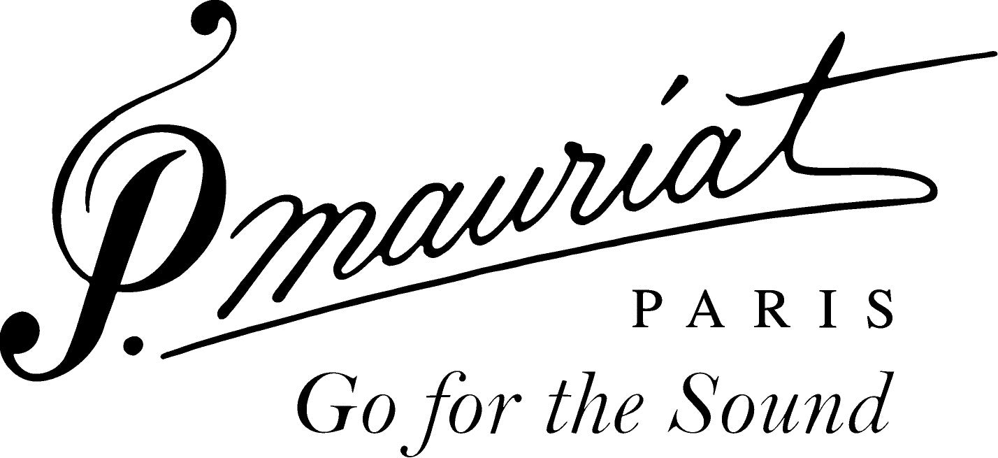 Logo for P. Mauriat, featuring a script-style P. mauriat with a treble clef, the word PARIS below, and the tagline Go for the Sound written in italics.