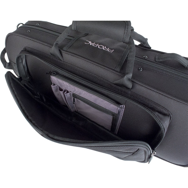 Open Protec PB301SCL PRO PAC Classic Slimline Trumpet Case displayed from above, featuring neatly organized interior compartments and accessory pockets. The case includes convenient handles and showcases the PROTEC PRO PAC Classic logo on the flap.