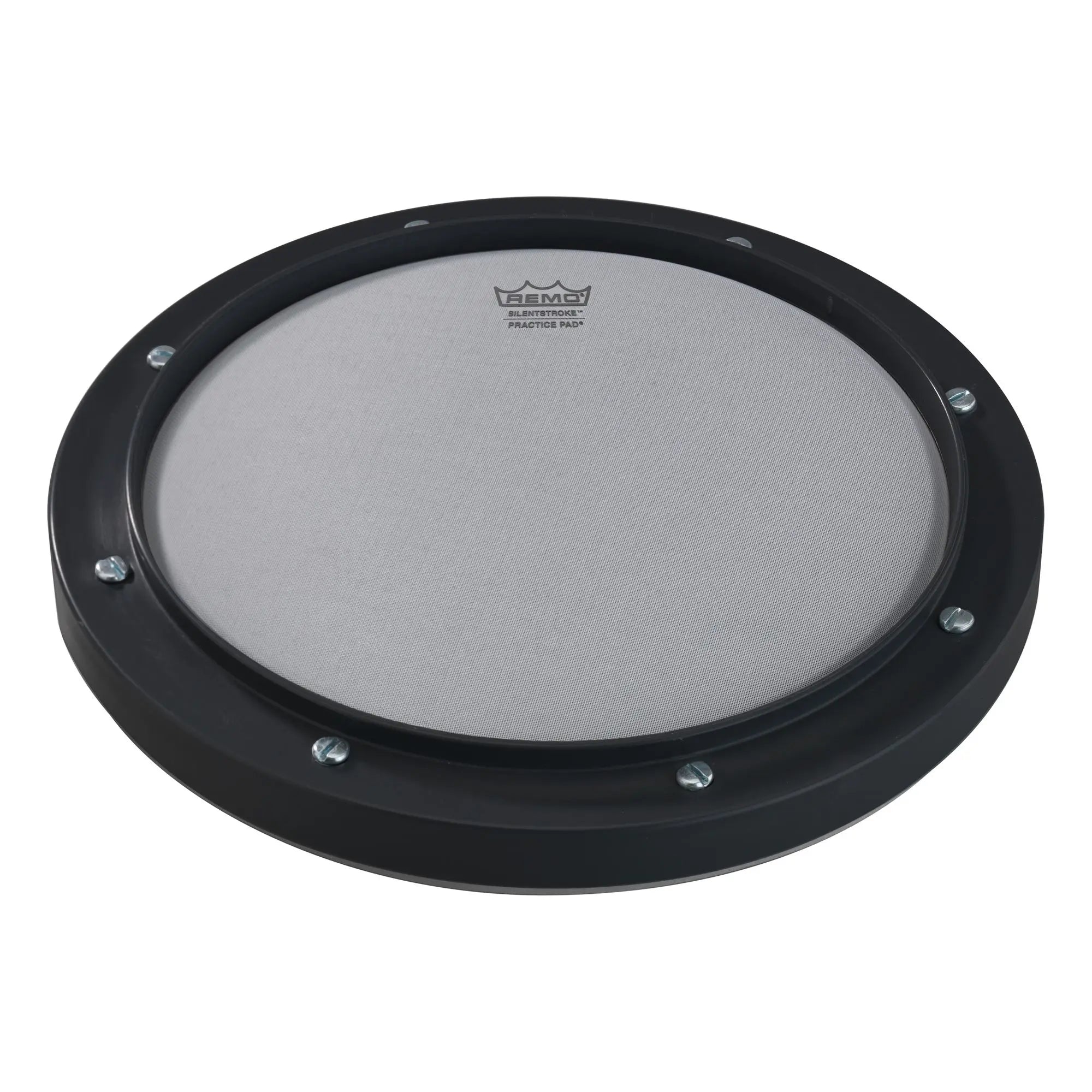 A round Remo 8″ Practice Pad featuring a gray playing surface, black rim, and visible screws, with the Remo brand logo printed at the top center of this tunable drum practice pad.