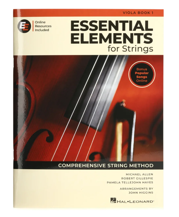 Front cover of the book 'Essential Elements for Strings: Viola Book 1' by Hal Leonard, featuring a red and cream design with a close-up violin image and text indicating online resources included.