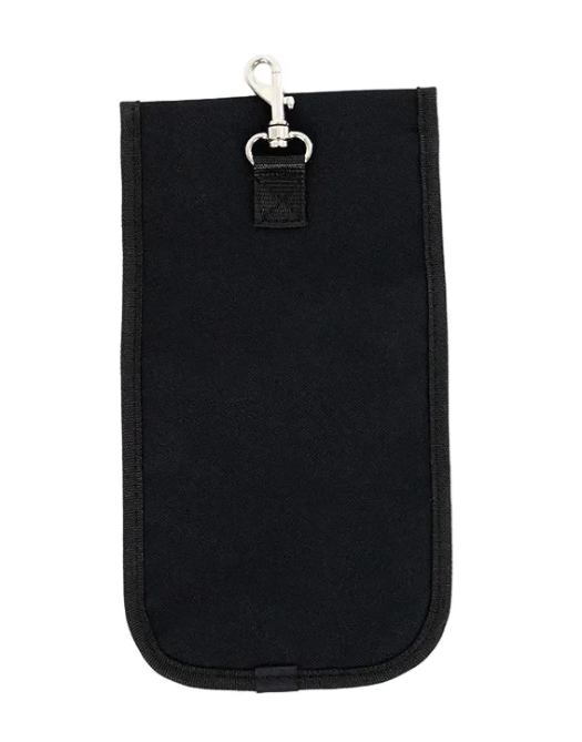 The Pouch for Shoulder Rest is a black, rectangular fabric accessory with a metal swivel hook at the top for convenient hanging or attachment. Designed specifically to store shoulder rests, this pouch features rounded bottom corners and a minimalist silhouette, making it an ideal accessory for string instrument players.