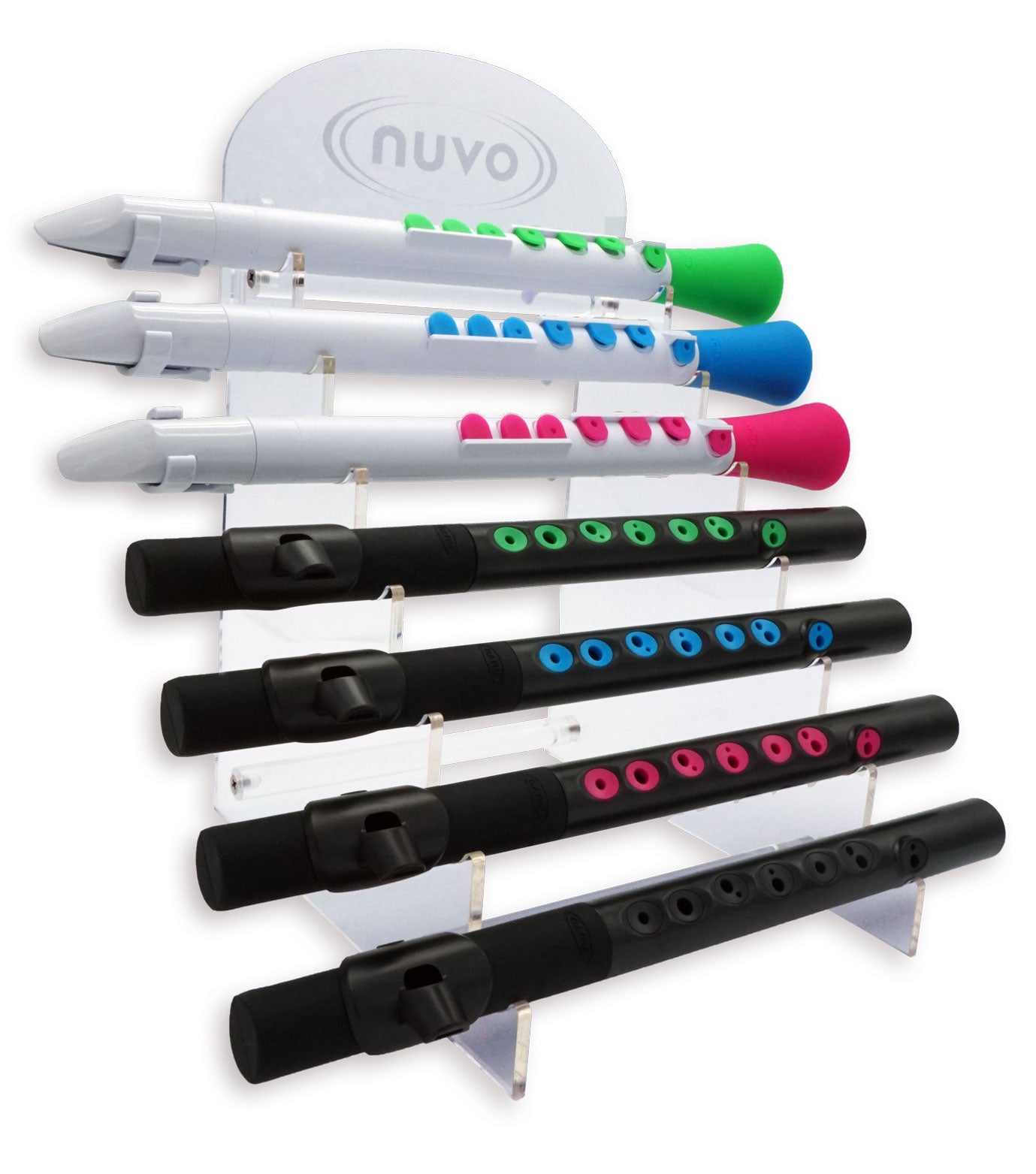 The NUVO Acrylic Desktop Display – 7 Dood/Toot showcases seven black and white plastic wind instruments with green, blue, and pink accents. The Nuvo-branded stand is perfect for eye-catching retail merchandising.