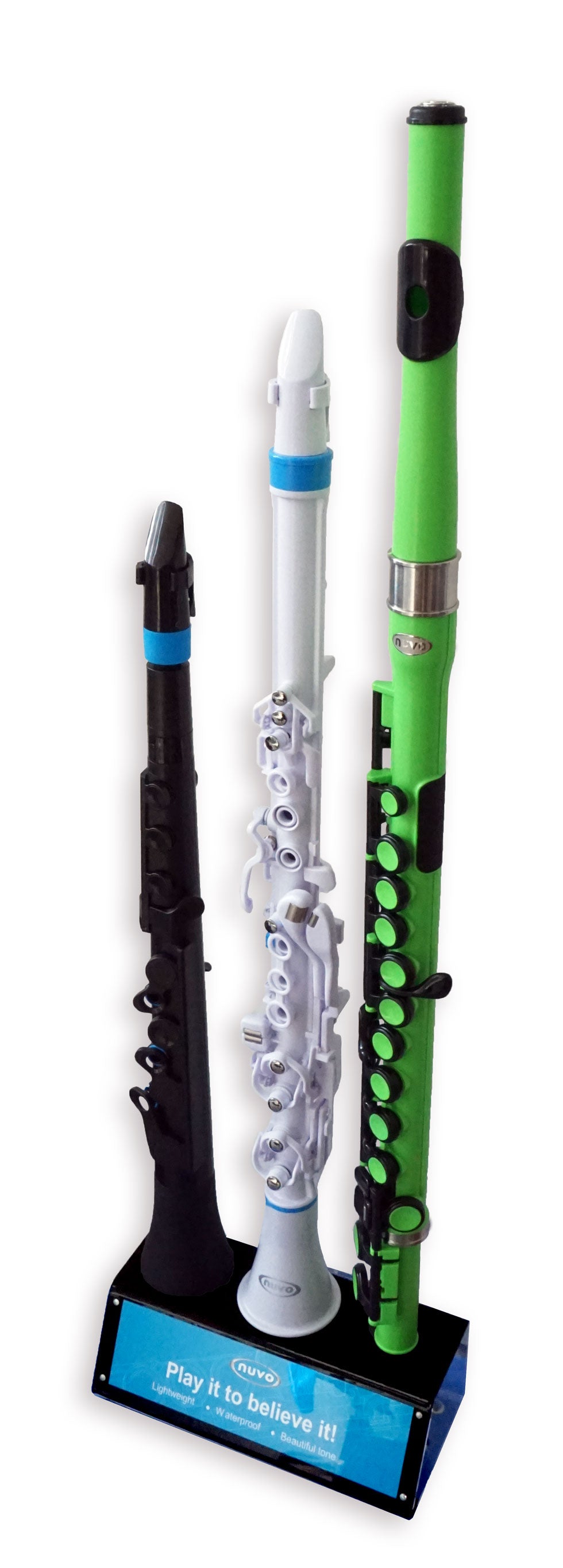 The NUVO Acrylic Desktop Display – 3 Flute/Clarinéo (Vertical) showcases three vibrant wind instruments upright, resembling clarinets or recorders, with a “Play it to believe it!” label for retail presentation.