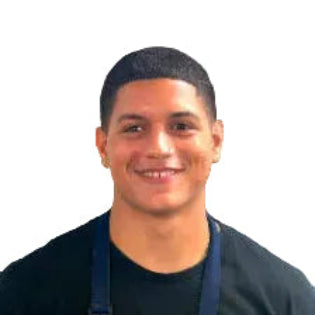 Man wearing a black apron with a logo on a white background
