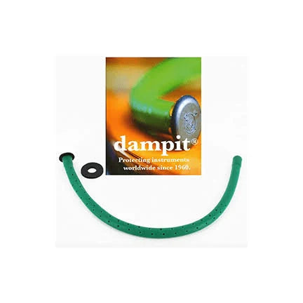A Dampit Small Violin Humidifier in green is displayed in front of its packaging, which features the text “dampit: Protecting instruments worldwide since 1960.”.