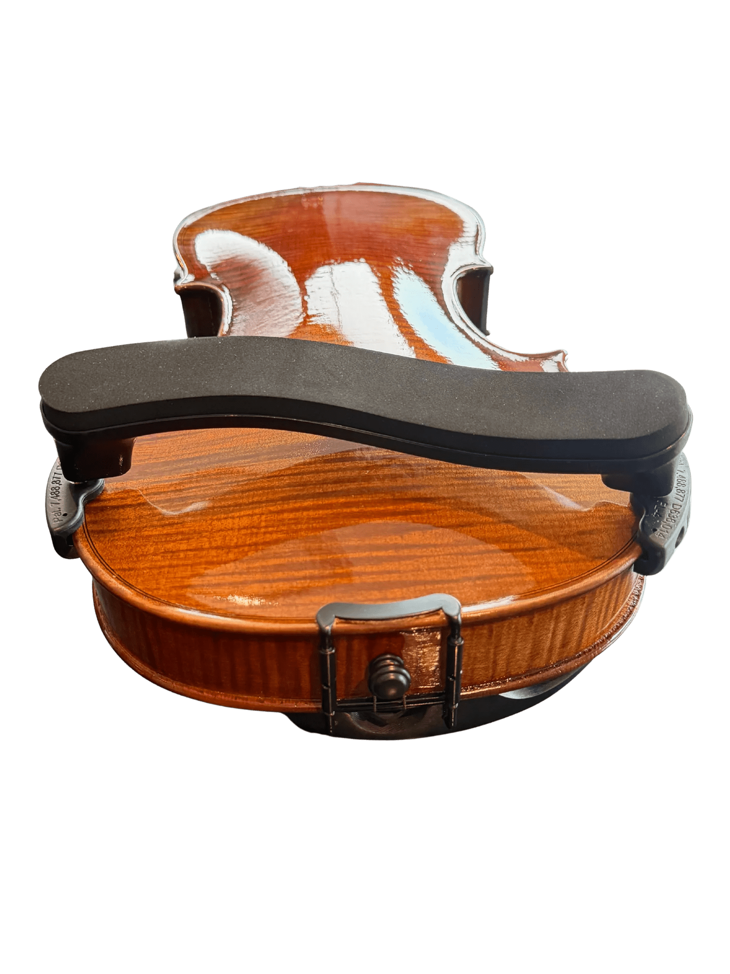 Close-up view of the back of a violin fitted with an Everest Shoulder Rest, highlighting its glossy wooden finish and visible grain, photographed against a white background.
