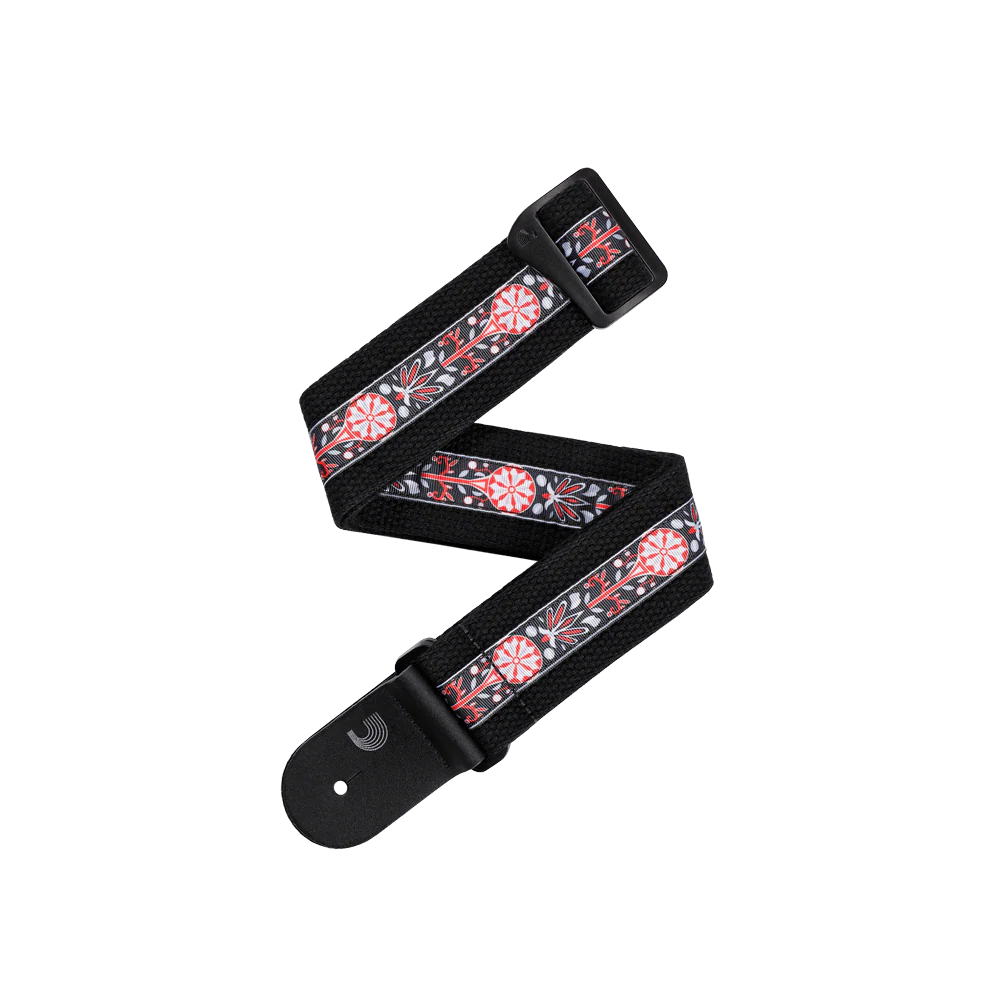 Introducing the D’Addario Deluxe Cotton Guitar Strap – Black Design: a comfortable black cotton strap adorned with a central floral pattern in red, white, and gray, complemented by durable black leather ends. Its adjustable design ensures an ideal fit for any guitarist.