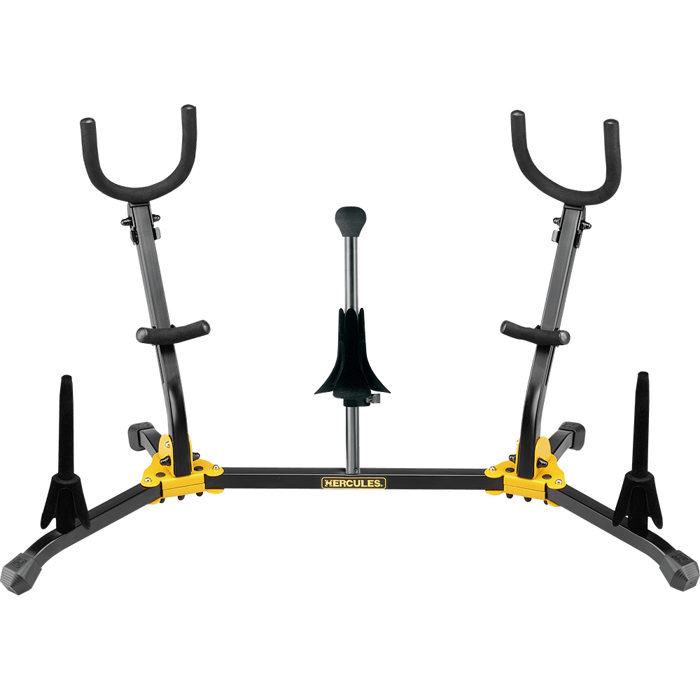 Hercules DS538B - Duo Alto/Tenor Saxophone Stand with 2 Clarinet/Flute Pegs and 1 Soprano Saxophone Peg - AAA Band Instrument Rentals