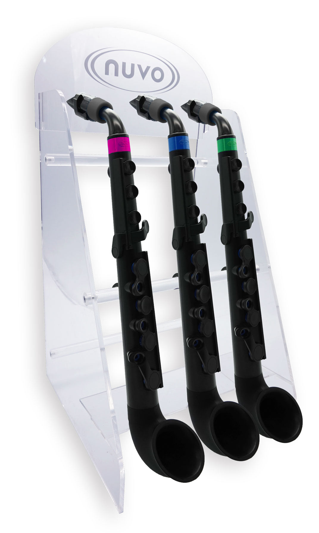 The NUVO Acrylic Desktop Display – 3 jSax showcases three black jSax wind instruments with pink, blue, and green rings, vertically arranged on a clear stand labeled Nuvo—perfect for retail merchandising.