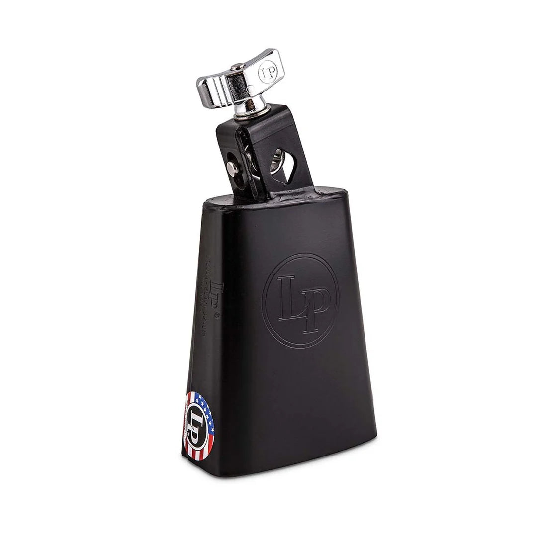 The Latin Percussion Black Beauty Cowbell is a black metal cowbell featuring the LP logo embossed on its side, a top-mounted bracket, and a small USA flag sticker on the bottom edge. Renowned for its medium pitch, this cowbell blends classic style with outstanding sound quality.